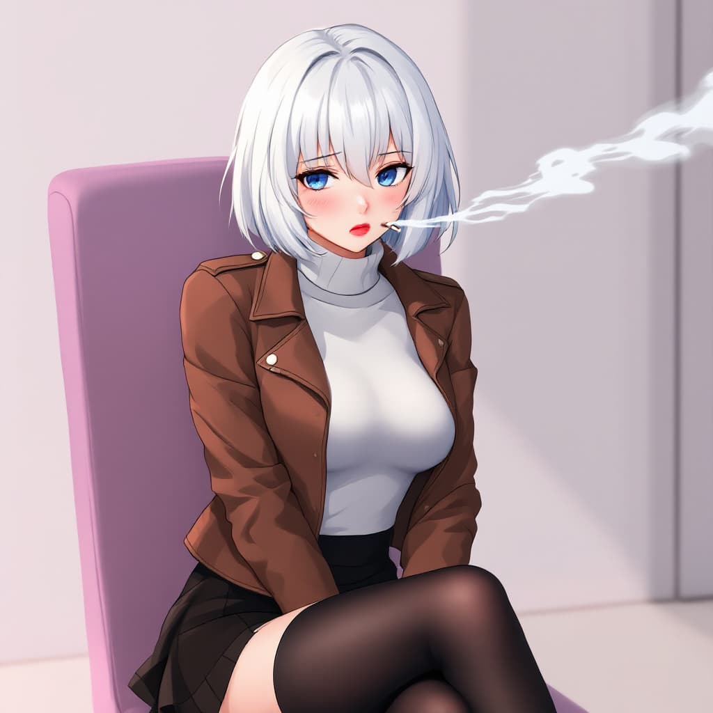 AI generated: anime, woman, white hair, bob cut, blue eyes, freckles, red lips, bored expression, brown leather ja...