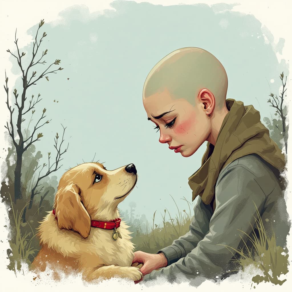 AI generated: A heartwarming scene of a sad teary eyed bald young woman   and a dog sharing a moment of companions...