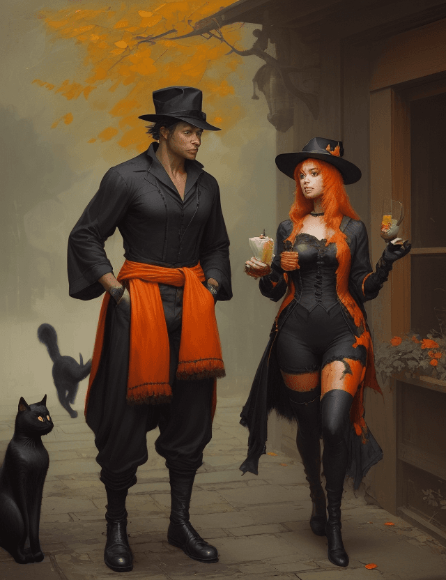 AI generated: one male black cat and one female orange cat with adventurer hats and clothes by Greg Rutkowski, oil...