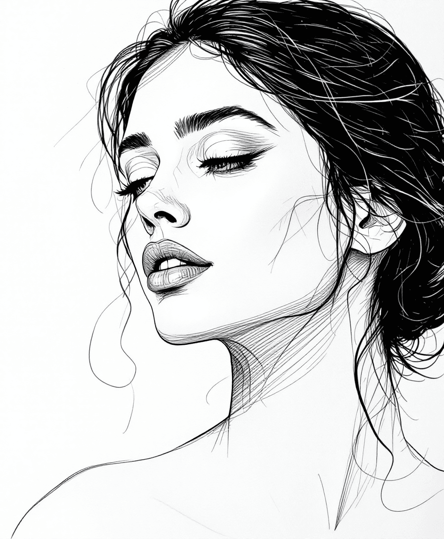 AI generated: minimalist, very basic, simplified continuous line drawing of a beautiful woman, in the style of pen...
