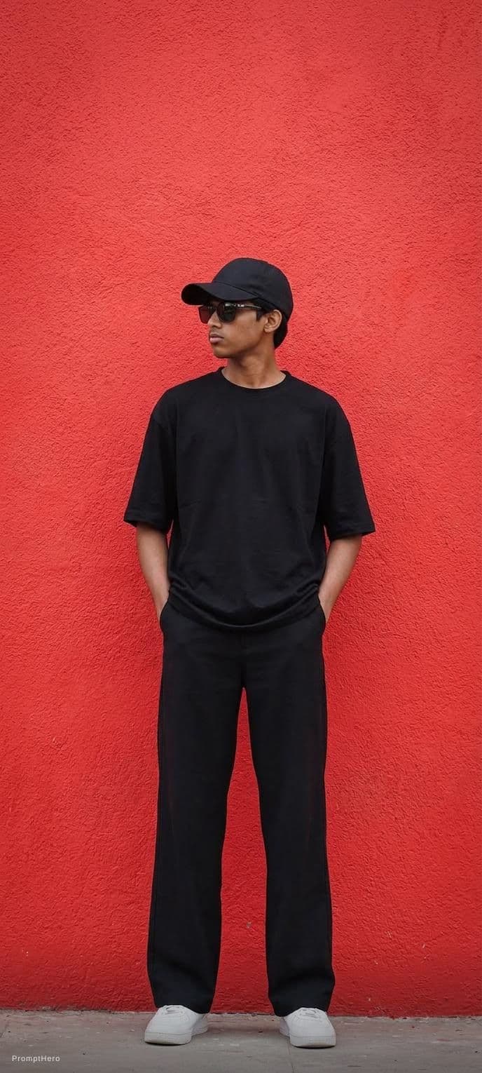 AI generated: capturing a casual yet stylish vibe, a figure in a loose, oversized black street wearing and wide-le...