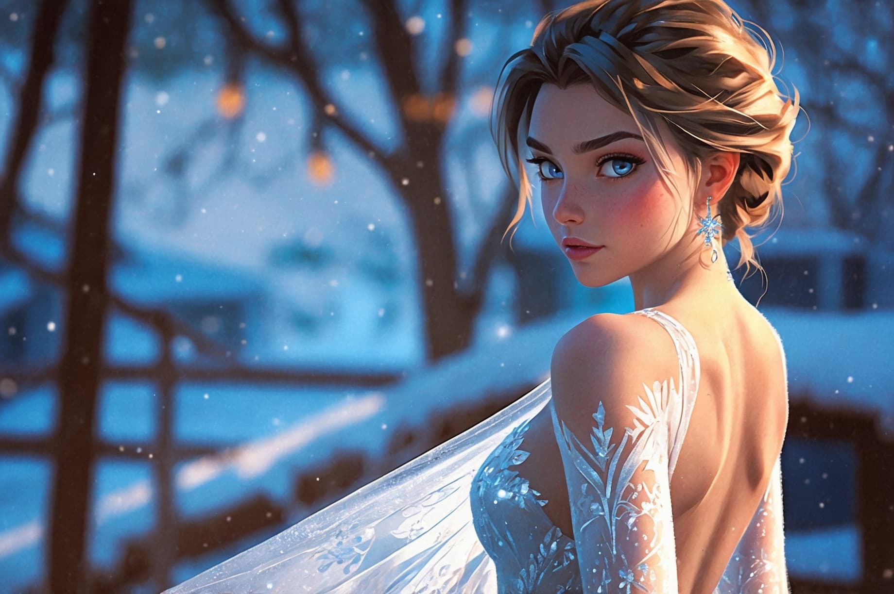 AI generated: (real female in Elsa outfit) , White dress winter background, (((full body visible) )), looking at v...
