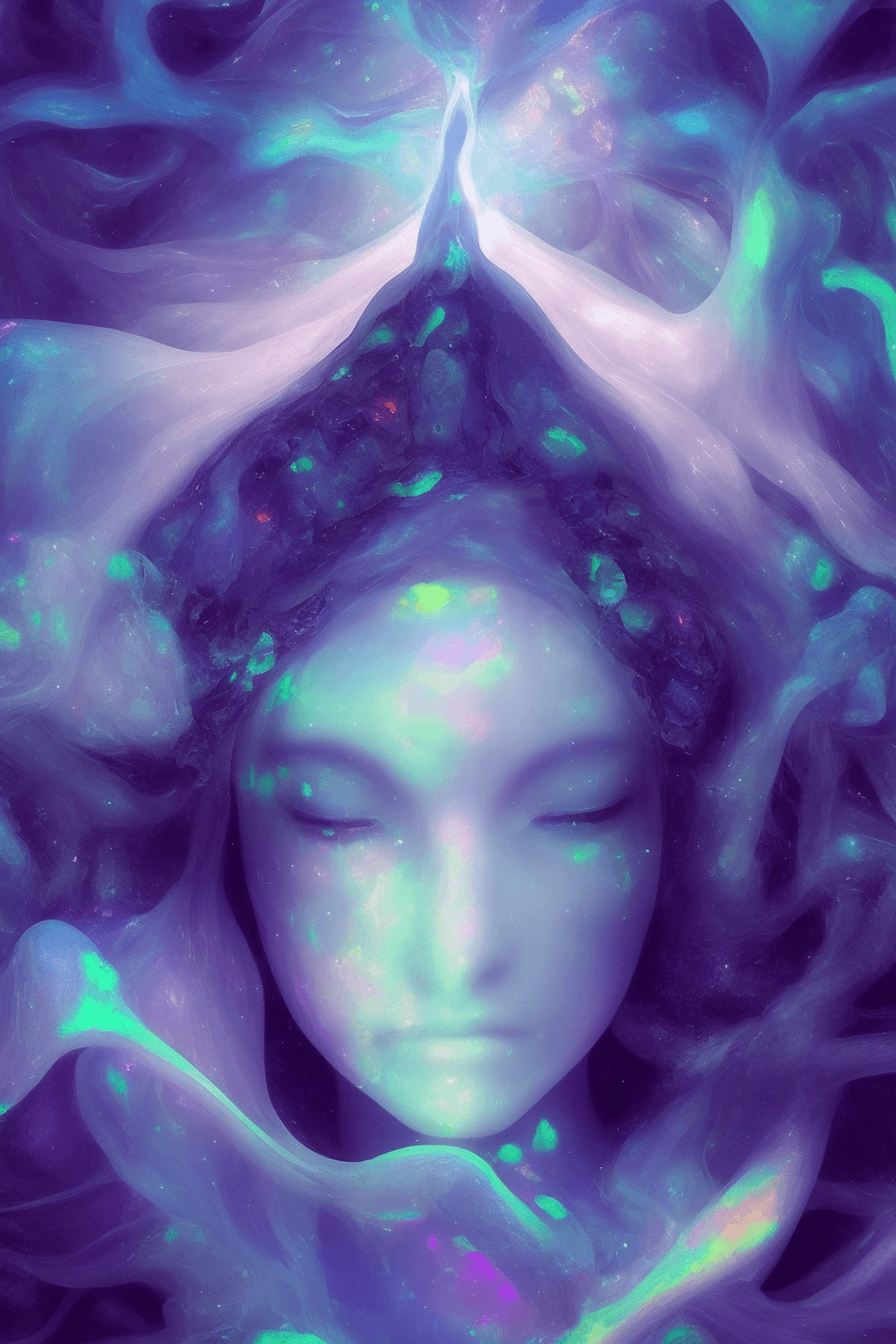 AI generated: she is abyss metamorphosis made of opal, magical realism