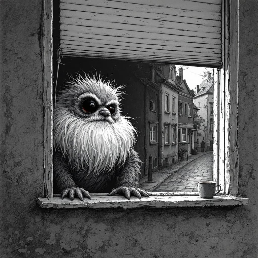 AI generated: Ein Denunziant, der durch ein Rollo hinter einem Fenster seine Nachbarn beobachtet, wenn sie das Hau...