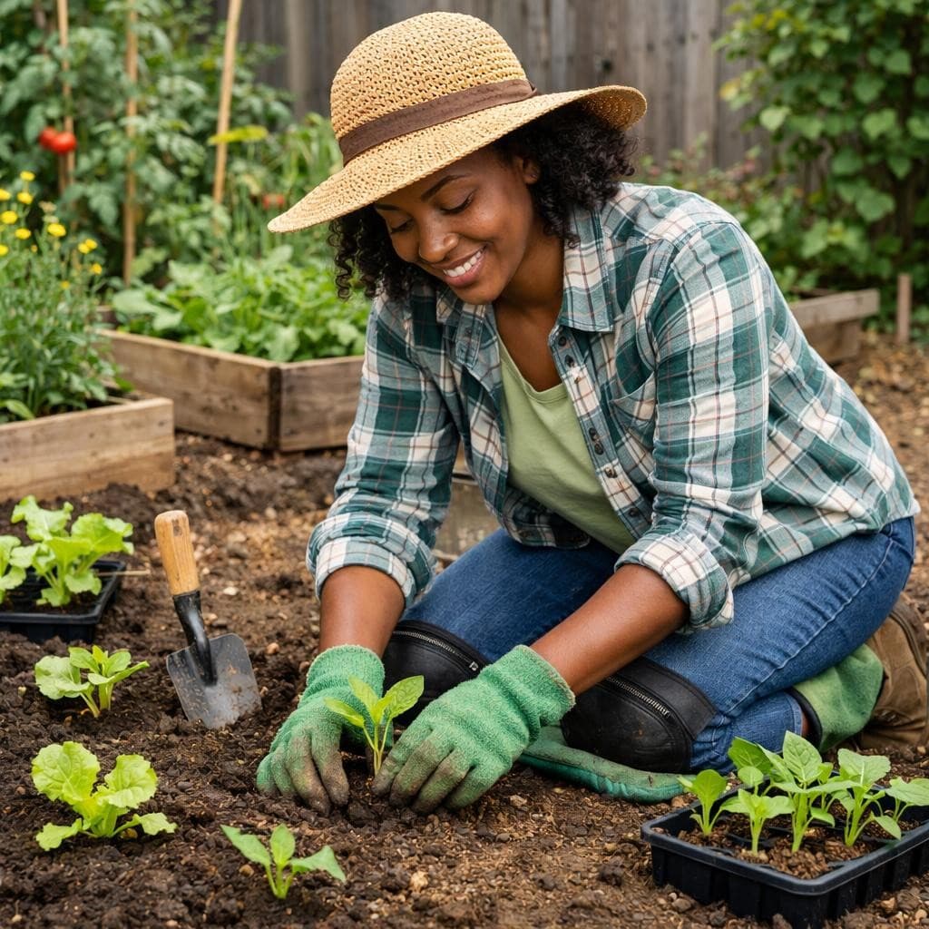 AI generated: A realistic image of a dark-brown-skinned female in garden attire is on her knees in her backyard ga...