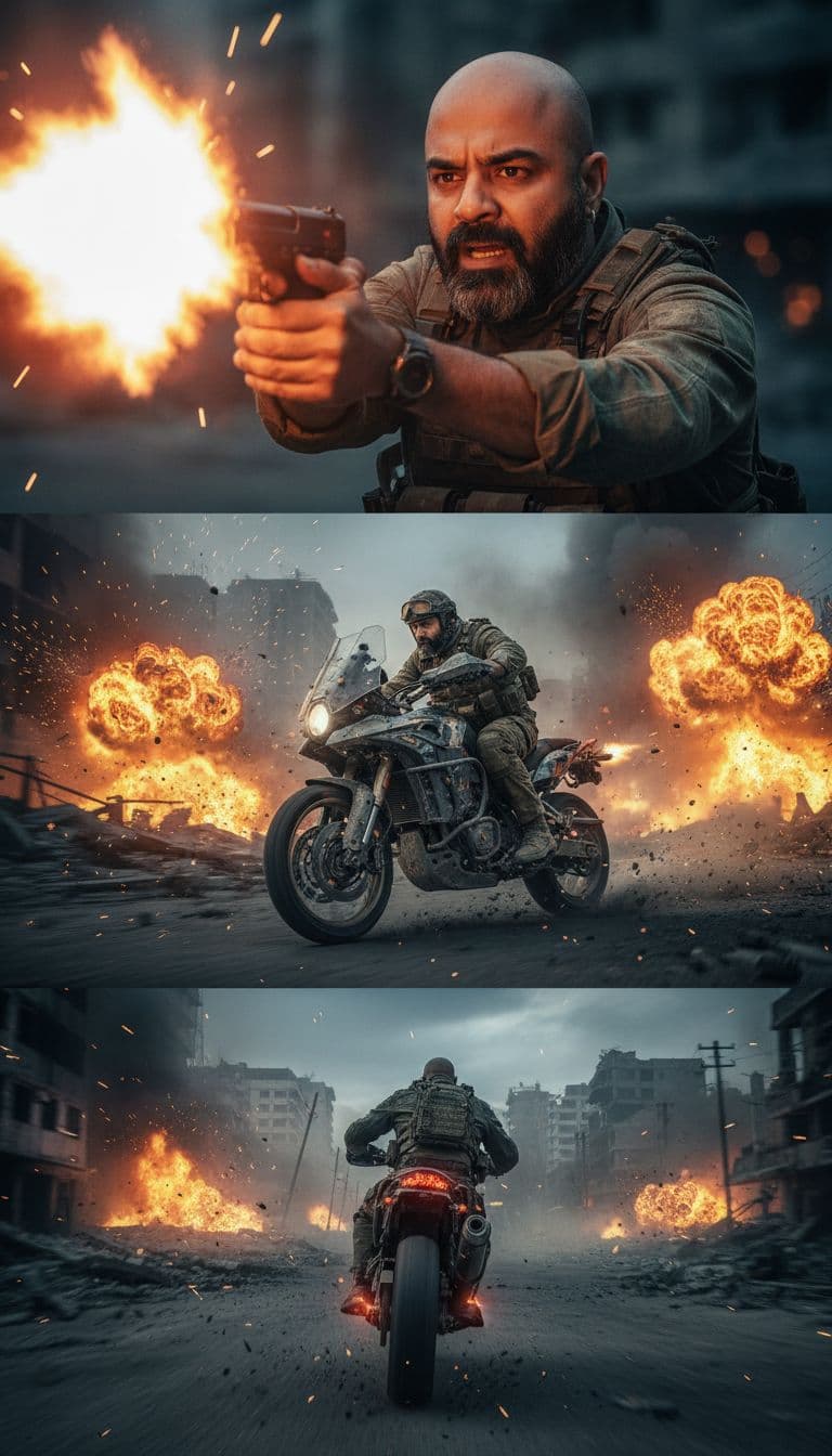AI generated: ""Start with a close-up on the man's determined face as he fires the gun, muzzle flash illuminating ...