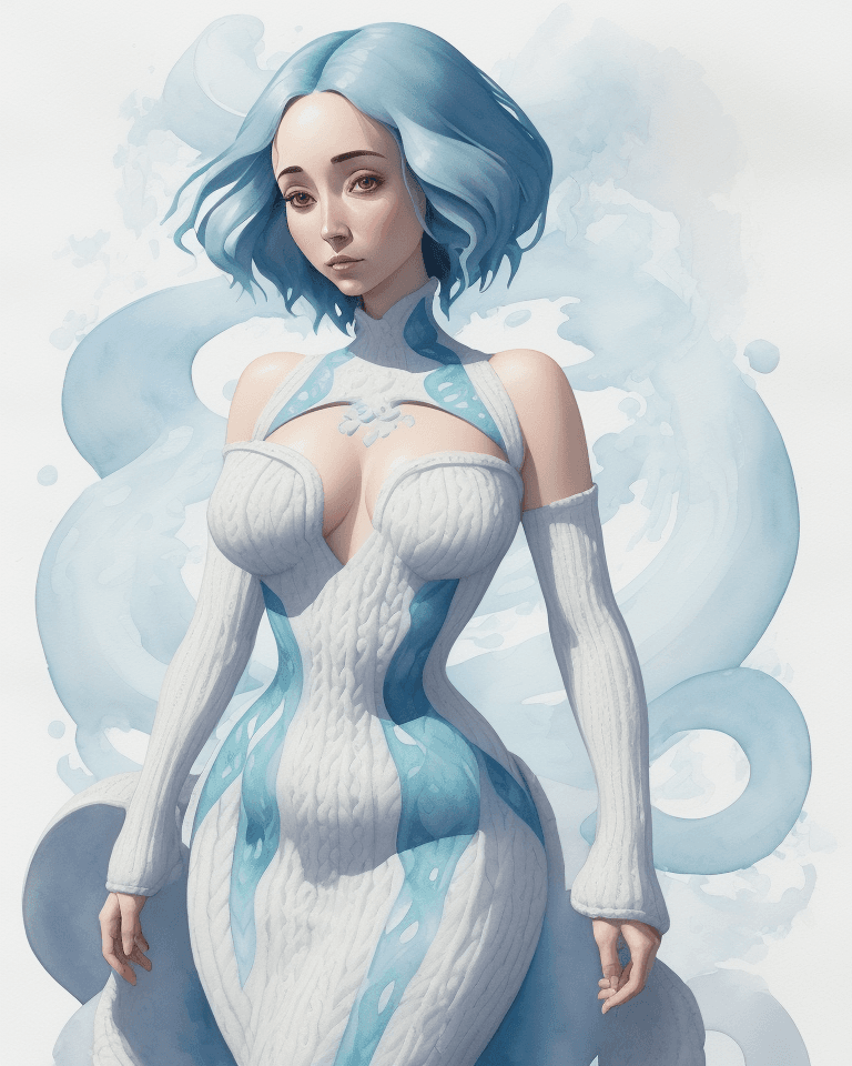 AI generated: Watercolor painting on parchment, a woman wearing large knitted dress, ((Courtney Ford)), wide hips,...