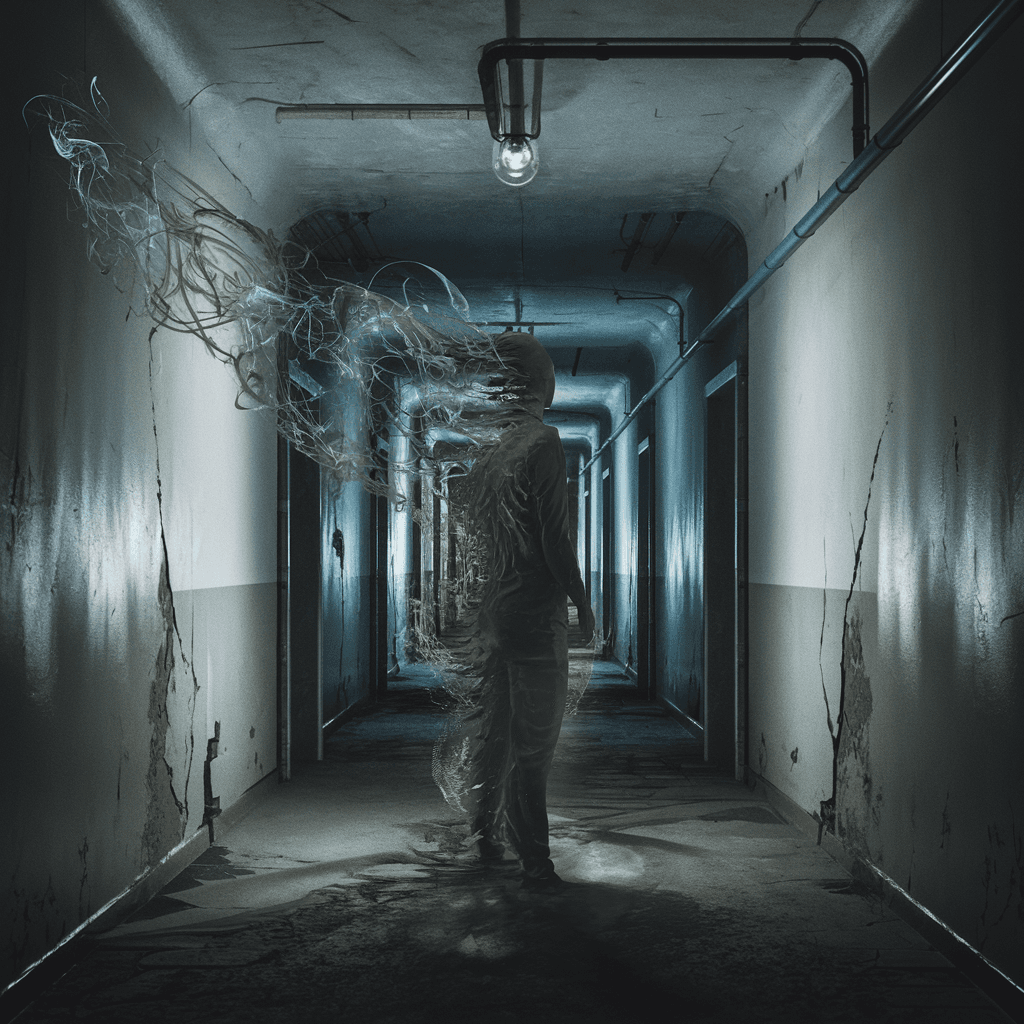 AI generated: surreal and atmospheric image, figure standing in a corridor, disintegrating into wispy, smoke-like ...