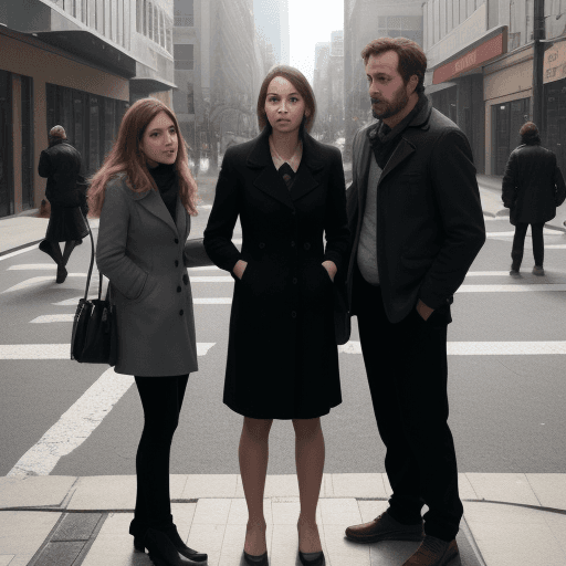 AI generated: 2 PEOPLE, A WOMAN AND A MAN STANDING ON THE STREET.