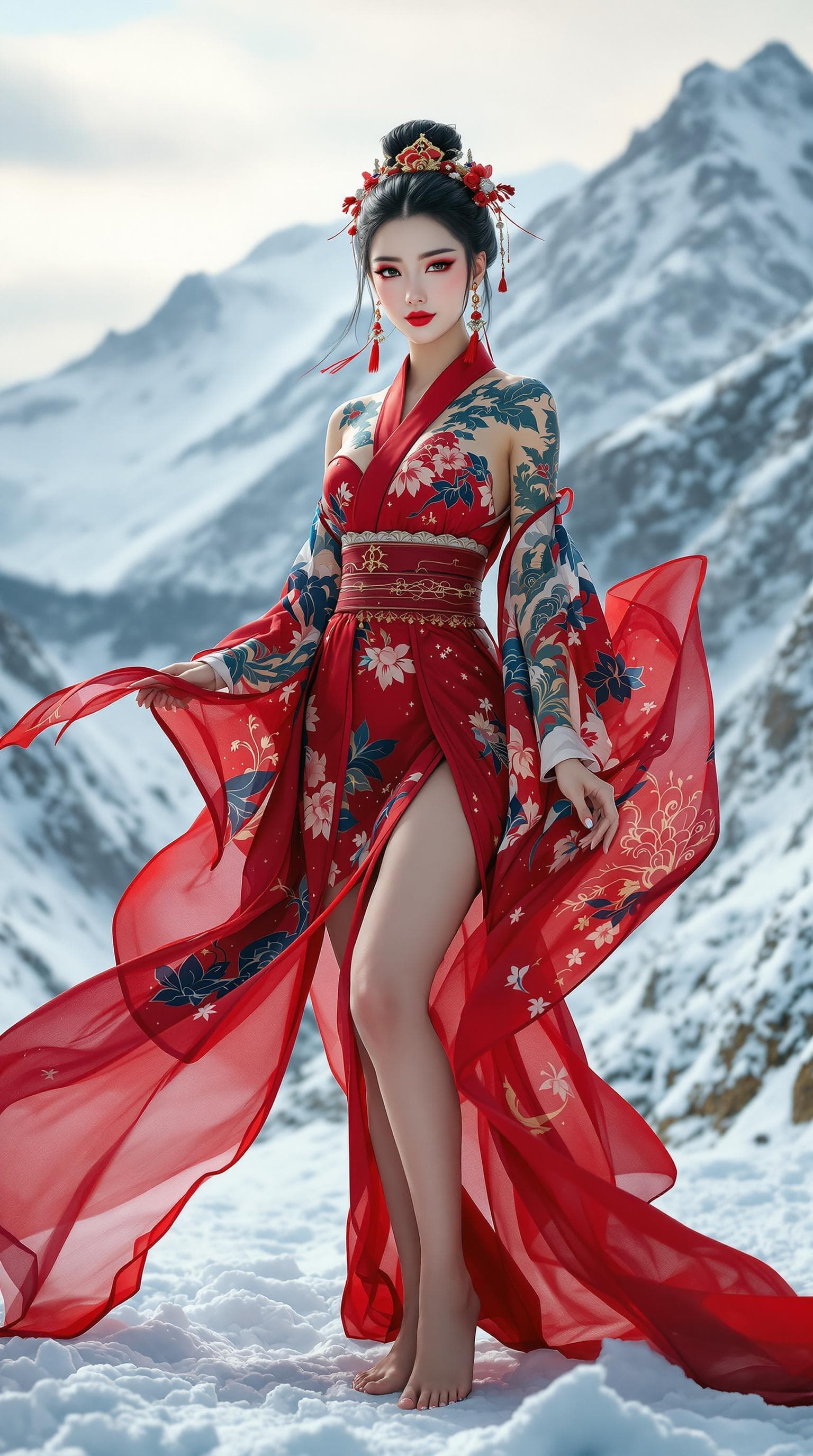 AI generated: Full body view of  a stunning portrait of an elegant Asian woman, with a snow-covered mountain in th...