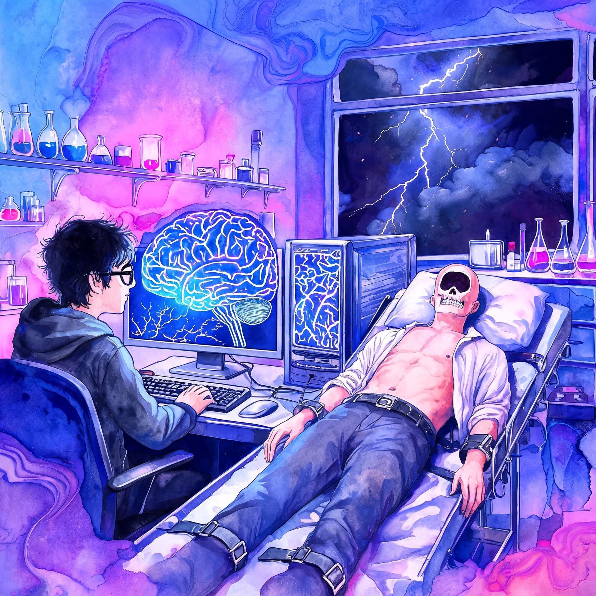 AI generated:  IN A SCIENCE LAB WITH A COMPUTER GEEK SITTING AT A NEW BRAIN-STYLE COMPUTER, NEXT TO HIM IS A SURGI...