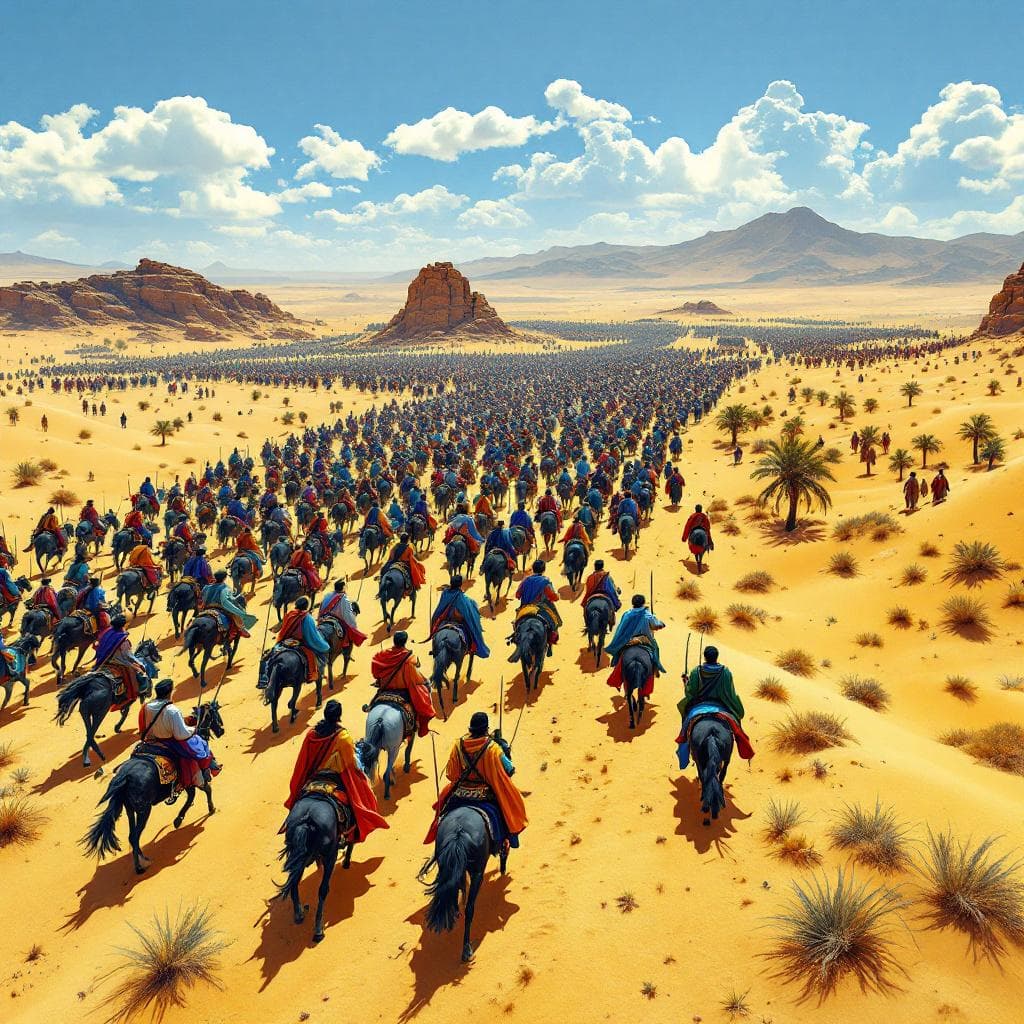 AI generated: A realistic, realistic, and authentic panoramic view from above: In the vast desert, a large Meccan ...