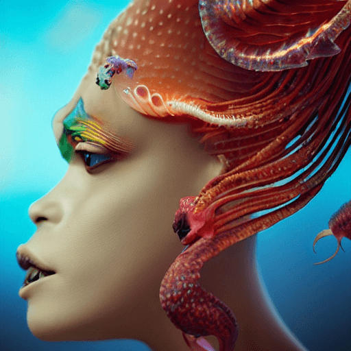 AI generated: goddess close-up portrait ribcagel. jellyfish phoenix head, nautilus, orchid, skull, betta fish, bio...