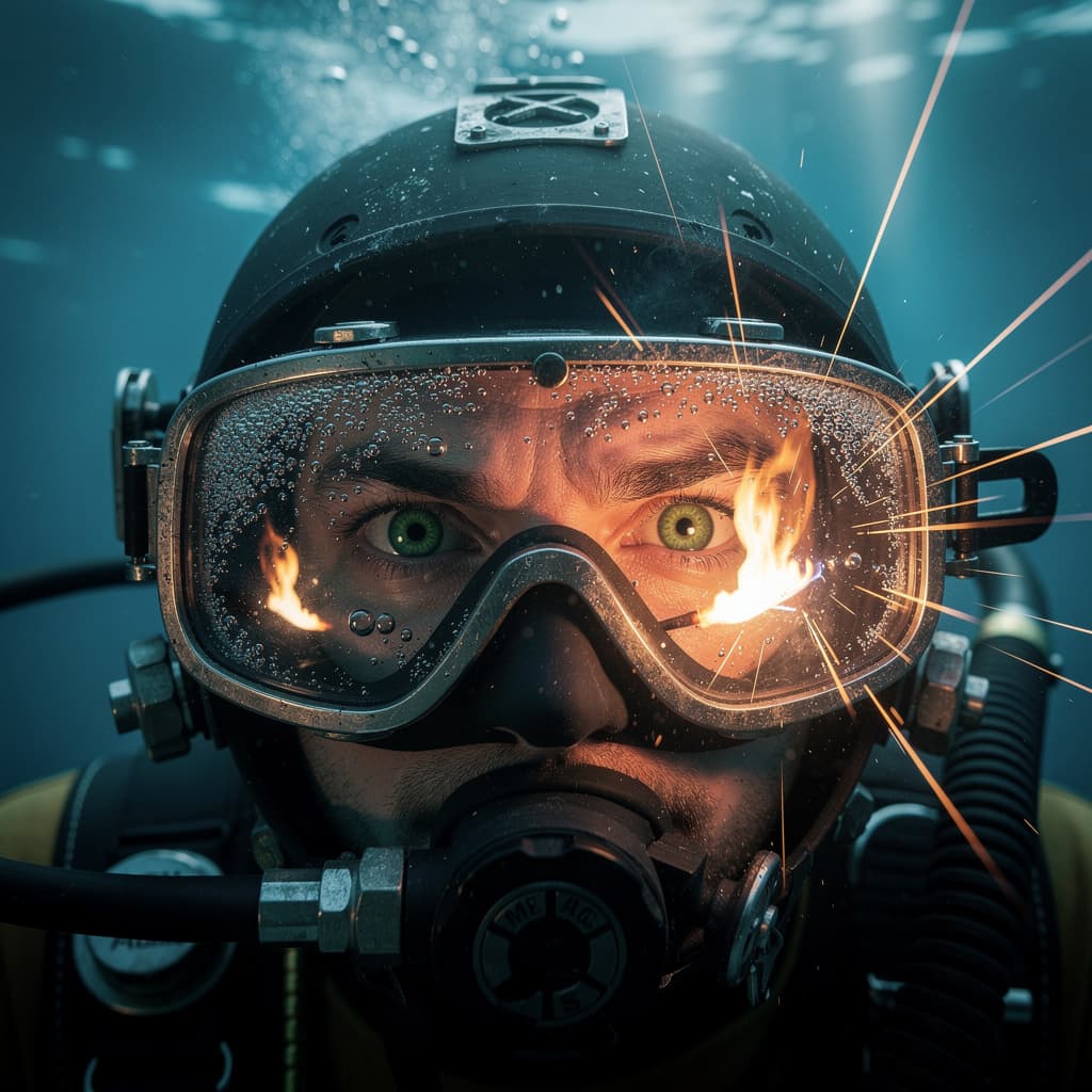 AI generated: genera una imagen que muestre el reflejo en las gafas de un soldador submarino. quiero que en el ref...