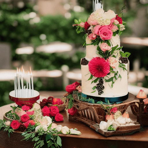 AI generated: many beautiful flowers in the background, there is a cake on the table with candles on top