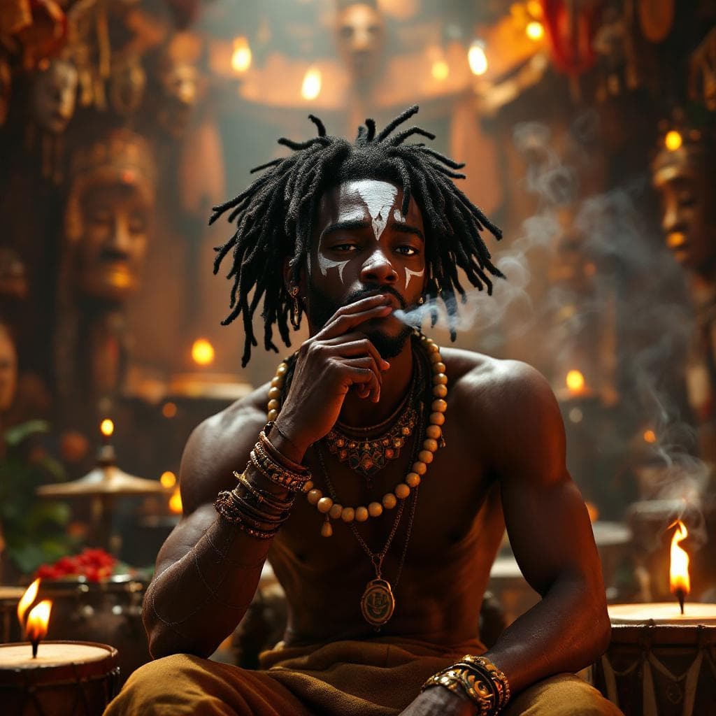 AI generated: 20 black African with dreads in an african shrine smoking  Pixar-style 3D character inspired by a le...
