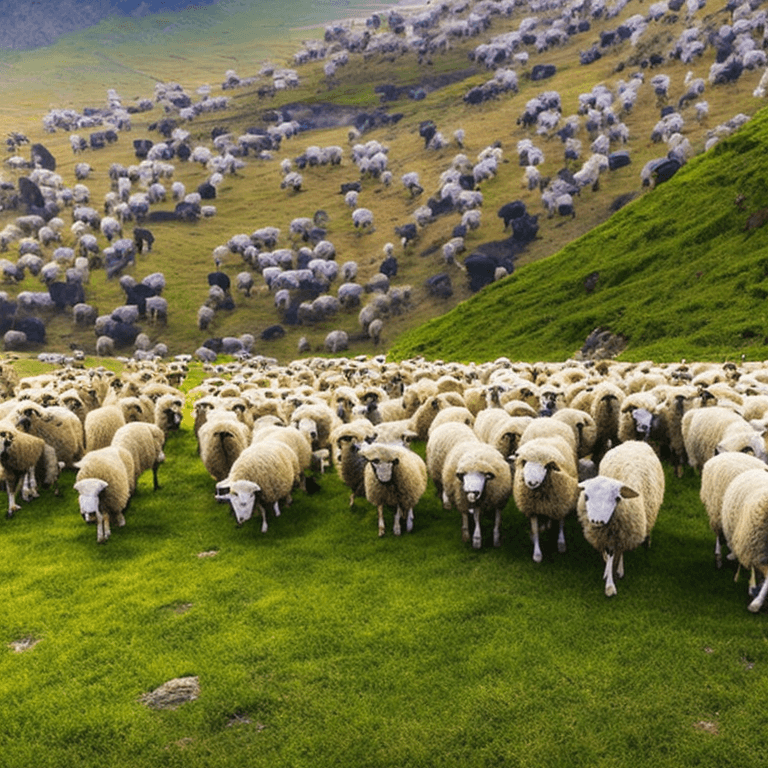 AI generated: flock of sheep are having selfie with a grazing on grassland, himalayan background  extra detailed, ...