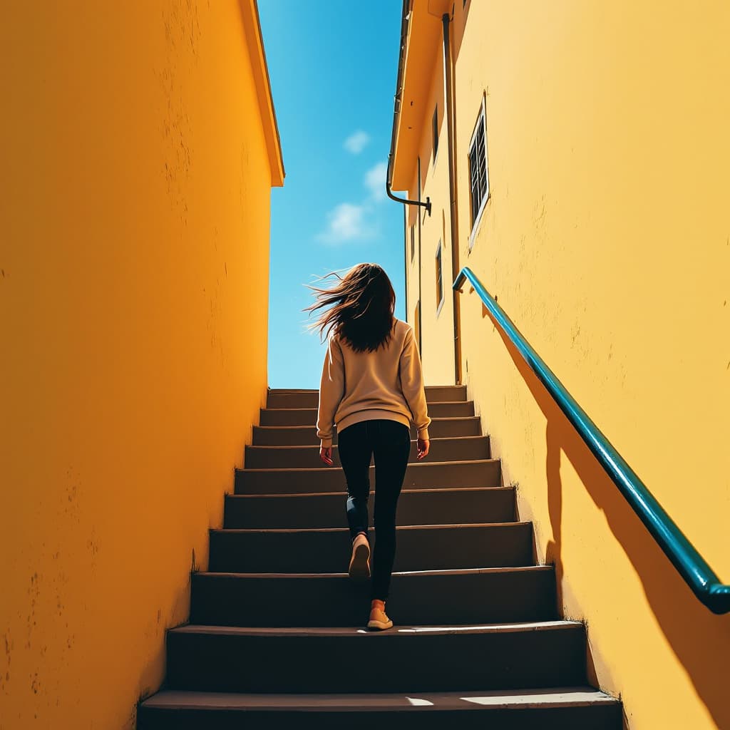 AI generated: girl walking up stairs from behind in leggiins