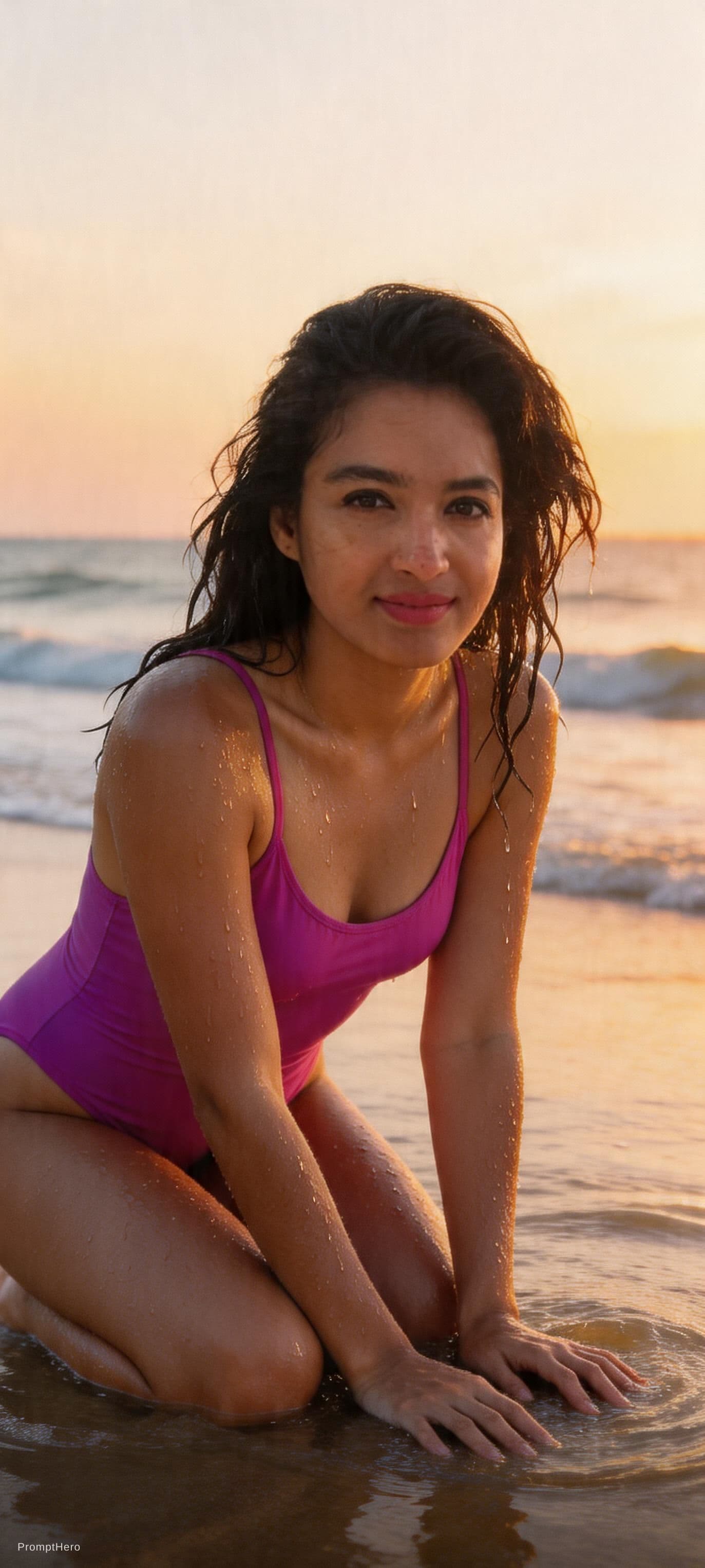 AI generated: A cinematic, photorealistic full-body portrait of a woman kneeling in shallow ocean water at golden ...