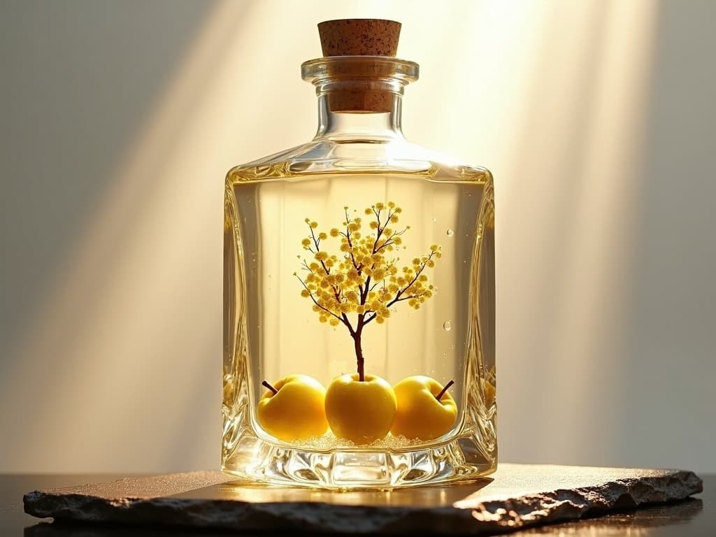 AI generated: A highly stylized marketing photoshoot. A striking close-up shot features a clear glass bottle with ...