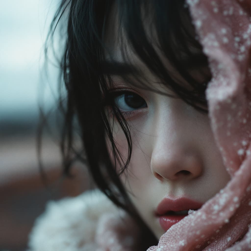 AI generated: A close-up of a 25-year-old Japanese girl singer idol makeup. Photography: "Captured with a 50mm len...