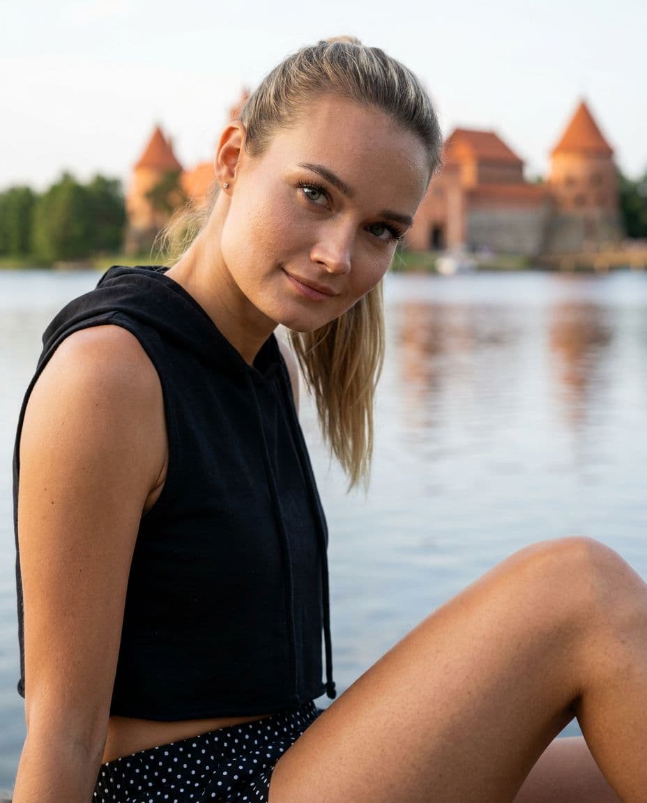 AI generated: landscape photography, Fitness Fashion close up on face photo of a 19-year Polish girl confident CEO...