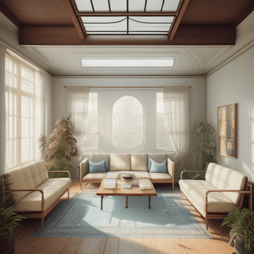 AI generated: High resolution photography interior design, dreamy sunken living room conversation pit, wooden floo...