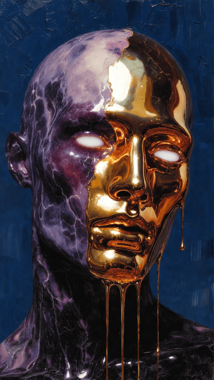 AI generated: A dark surrealist portrait of a marble-skinned man. The top half of his face is covered in a heavy, ...