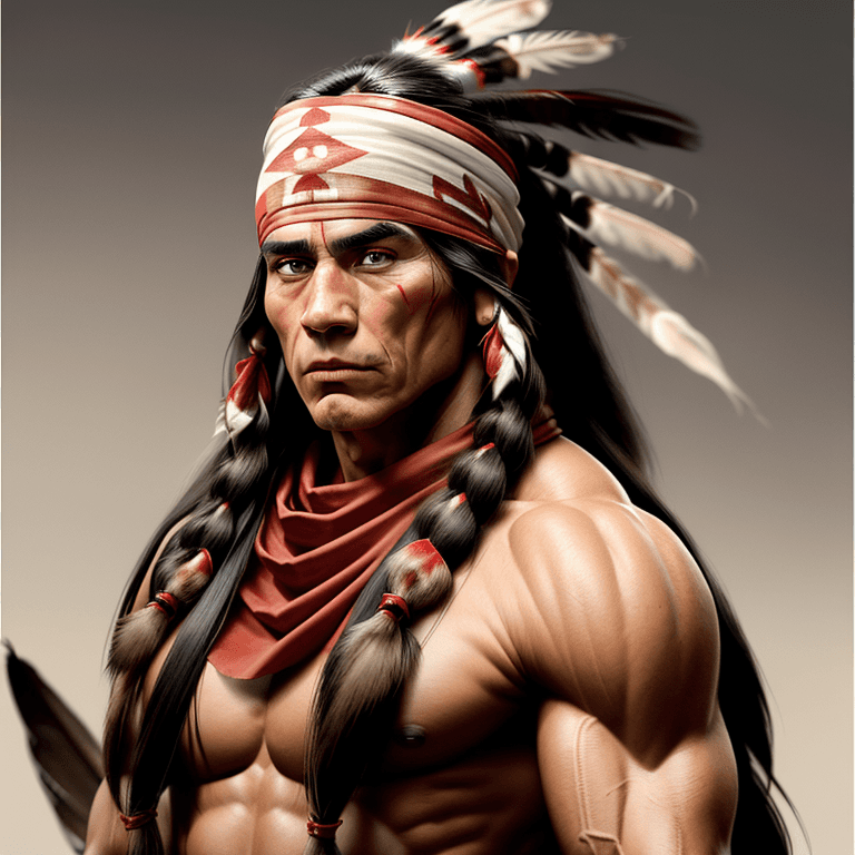AI generated: dramatic strong native american muscular shape long hair portrait, wearing red bandana insanely deta...