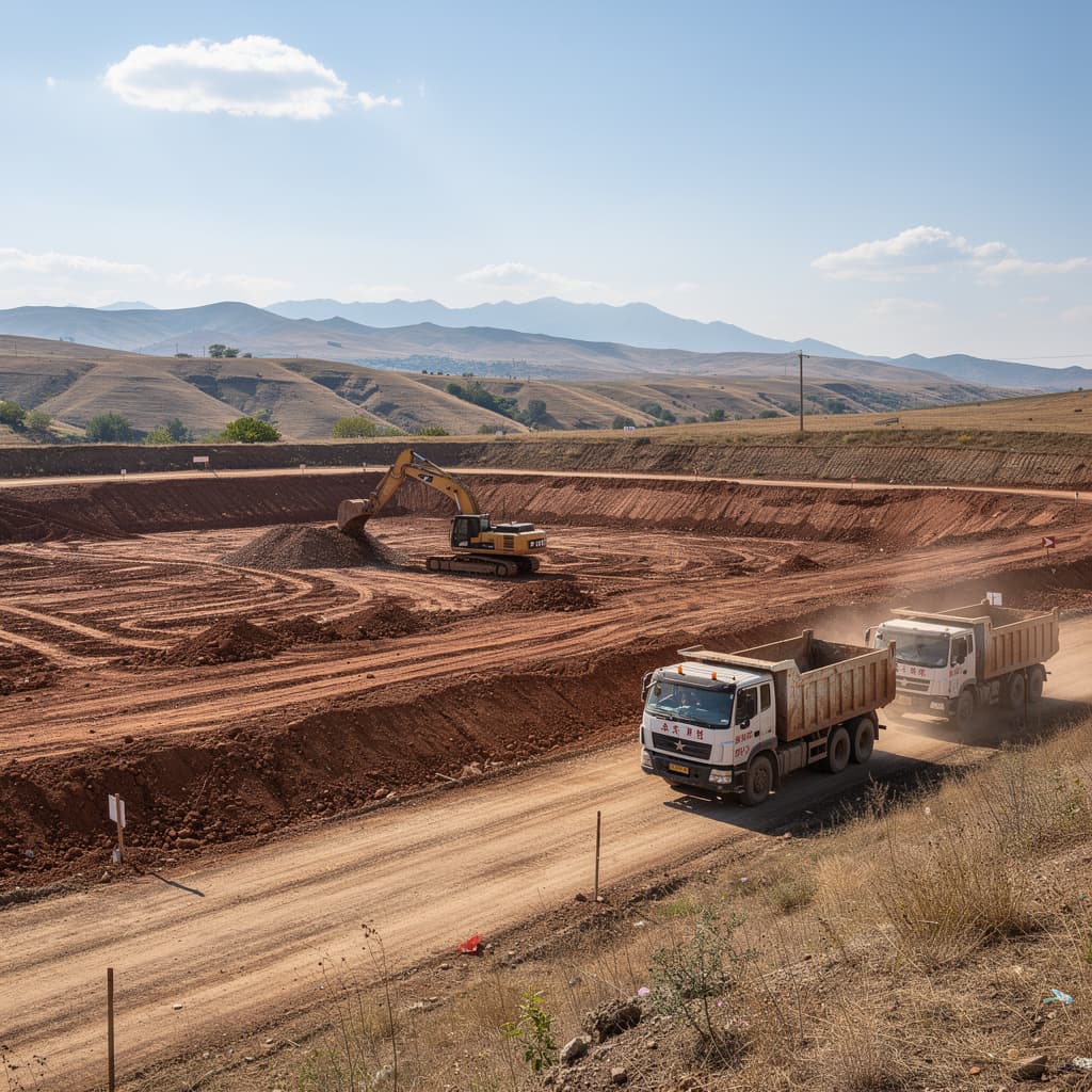 AI generated: A huge construction site near Tbilisi. Only earthworks are ongoing, there's an excavator and 2 chine...