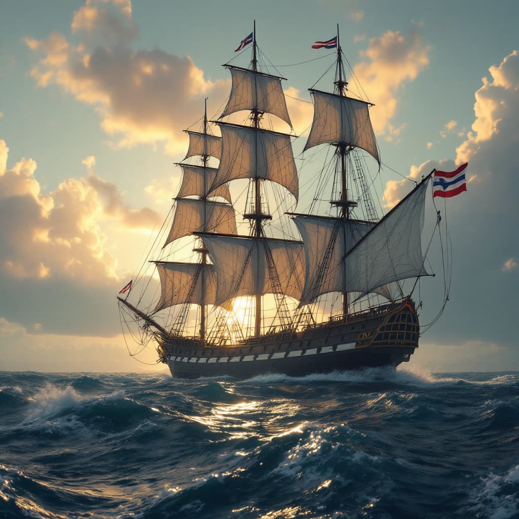 AI generated: Photo of a ultra realistic sailing ship, dramatic light, pale sunrise, cinematic lighting, battered,...