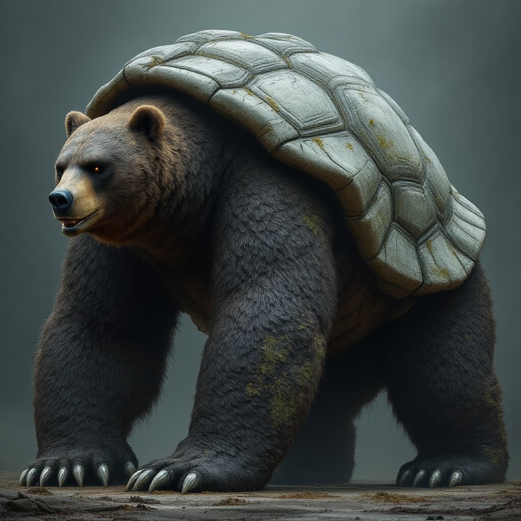 AI generated: A colossal bear, standing at an incredible height, its massive body covered in thick, dark fur that ...