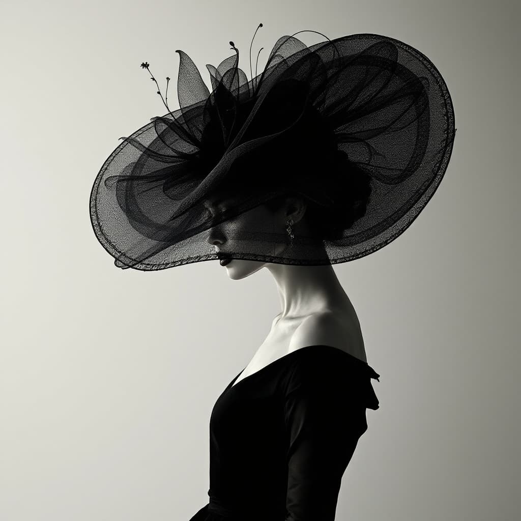 AI generated: a woman in a black dress is wearing a big hat to the right, in the style of clever use of negative s...
