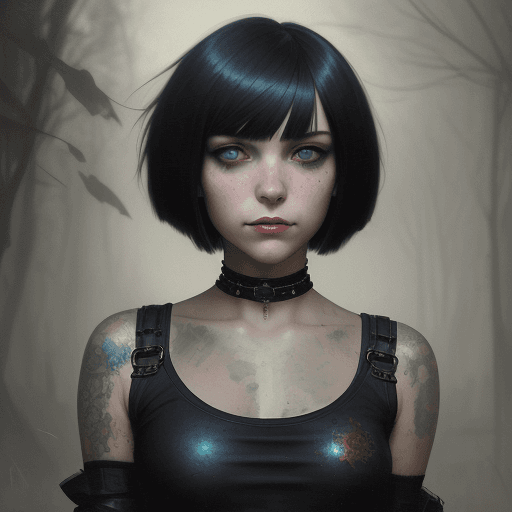 AI generated:  portrait adorable smirk sigh girl profile, fashion shoot , wearing skinny jeans, punk bob cut , dre...