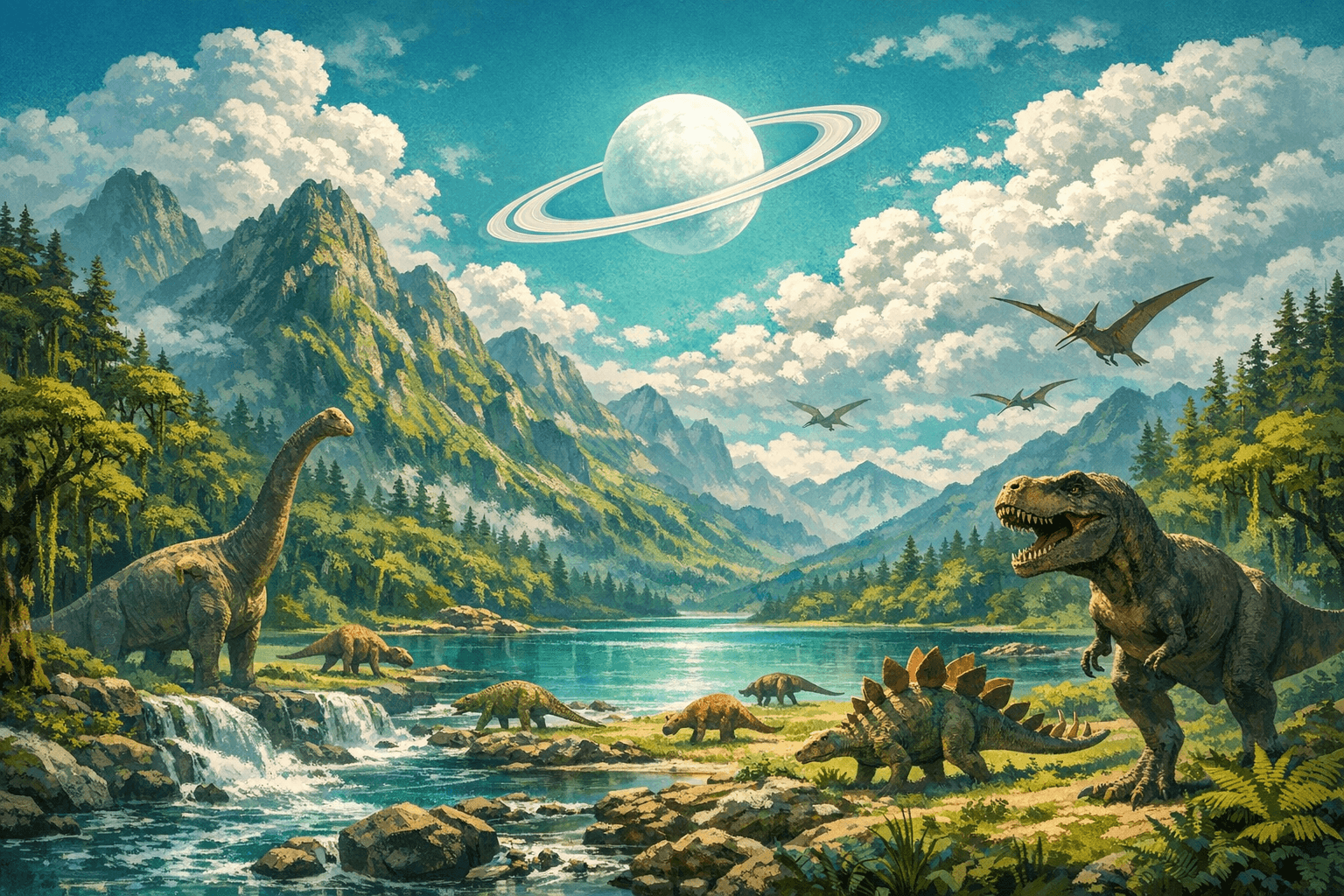 AI generated: a scenic view of a tall mountains covered in lush greens and moss covered trees with a lake and a ri...