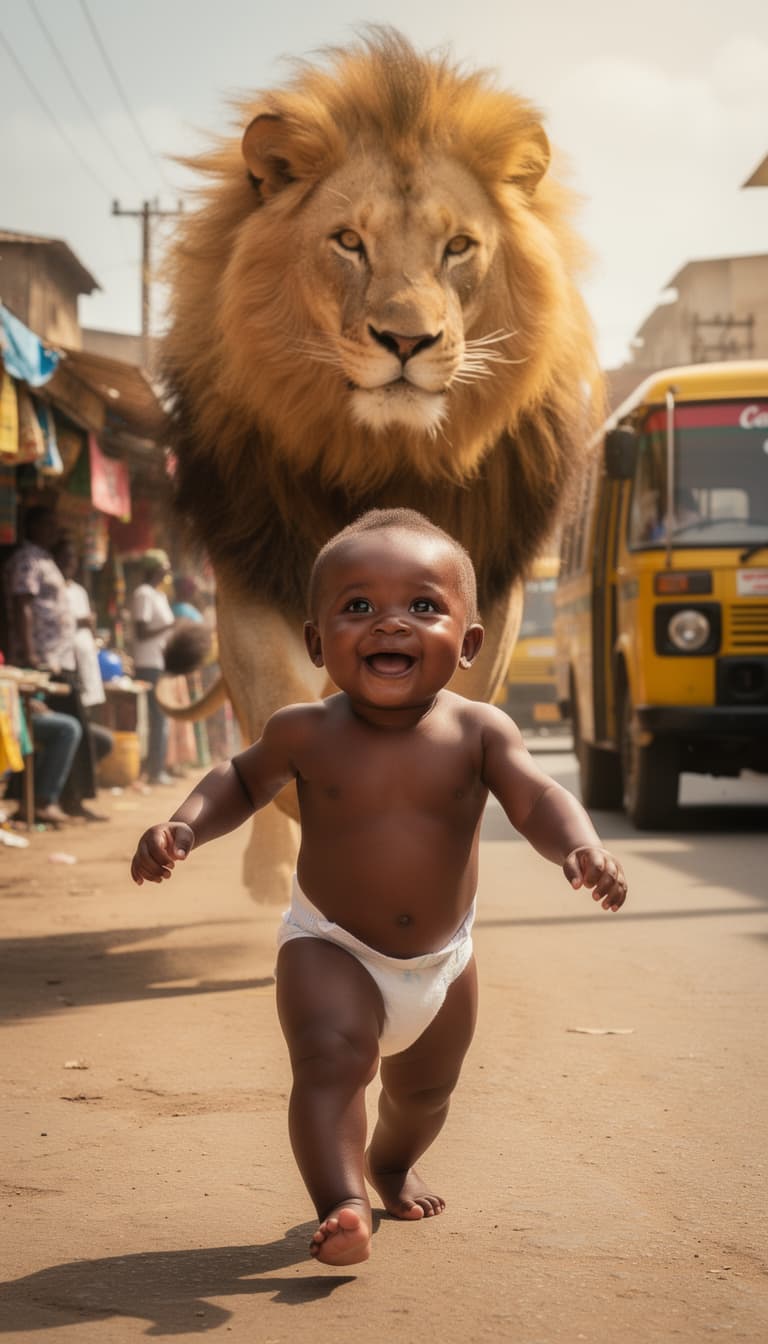 AI generated: A hyper-realistic dark-skinned baby, around 12 months old, wearing only a diaper, joyfully walking d...