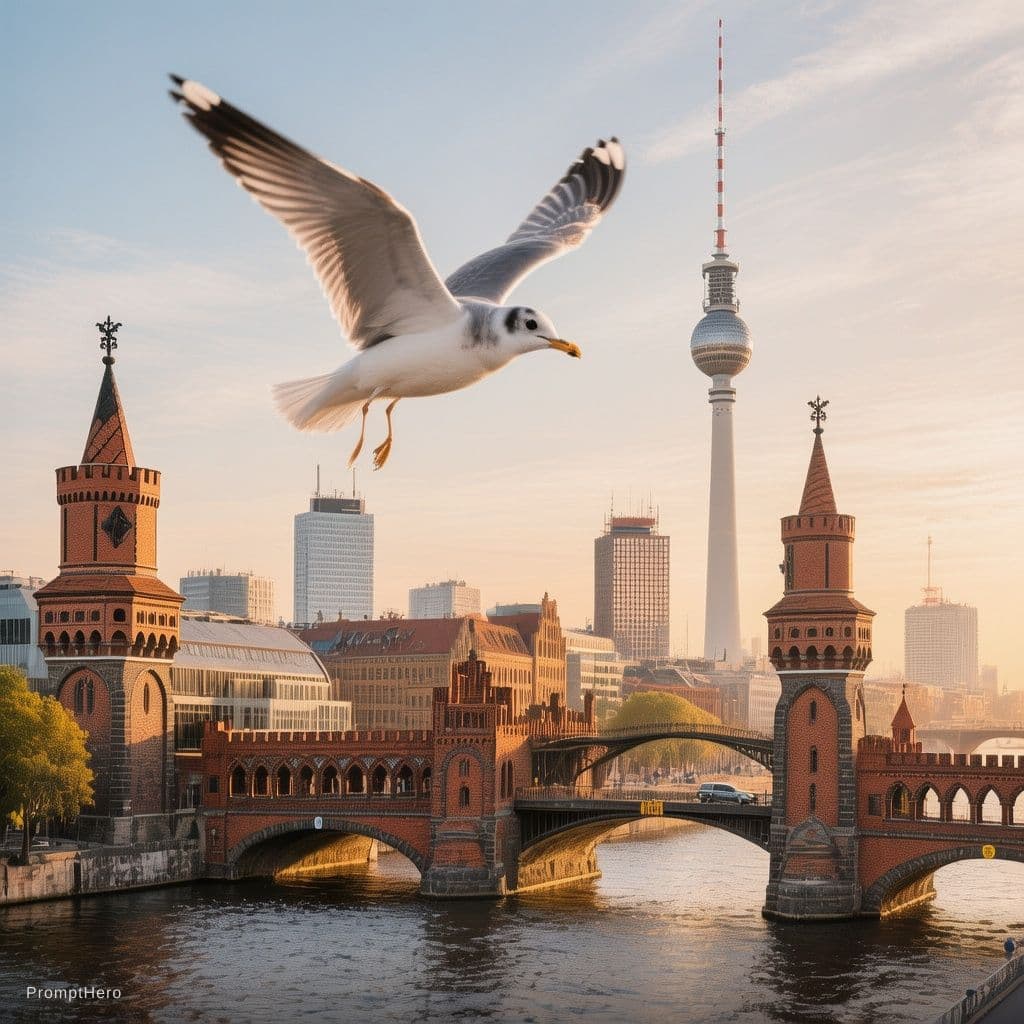 AI generated: A picturesque view of the Berlin skyline with the Oberbaum Bridge over the Spree in the foreground. ...