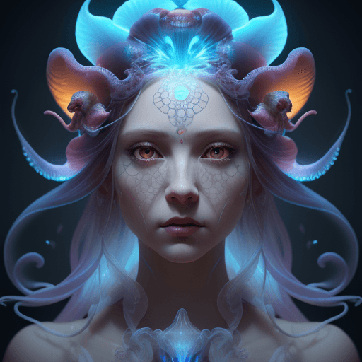 AI generated: Goddess close-up portrait ribcagel. jellyfish phoenix head, nautilus, orchid, skull, betta fish, bio...
