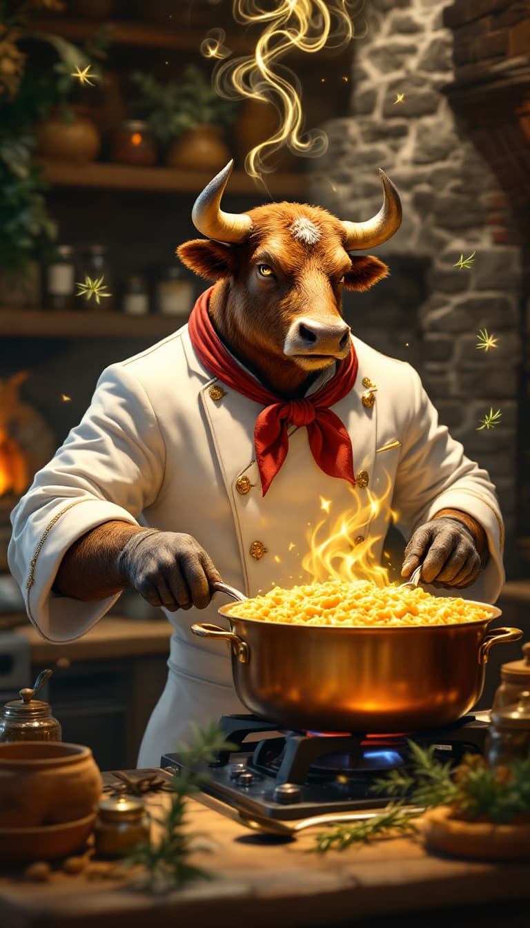 AI generated: Generate 5 more detailed prompts like this for 5 different animals cooking popular dishes. Generate ...