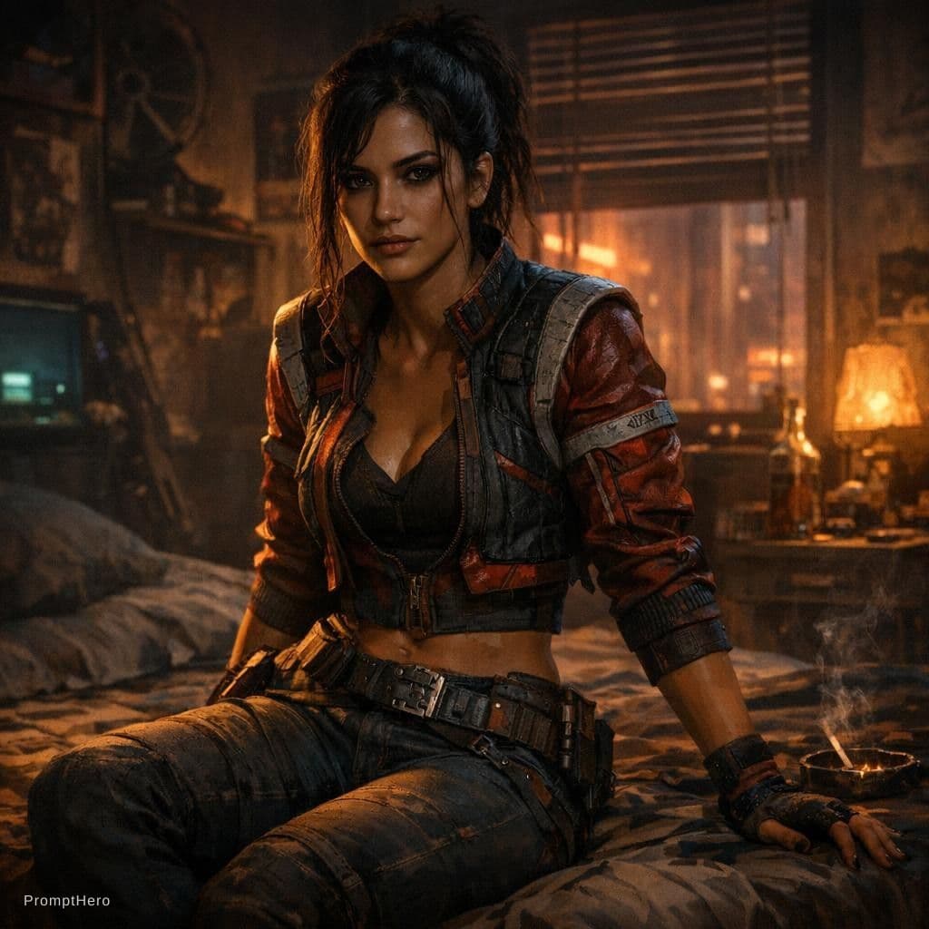AI generated: Panam Palmer from the Cyberpunk 2077 video game, dimly lit bedroom, masterpiece, 4k quality, extreme...