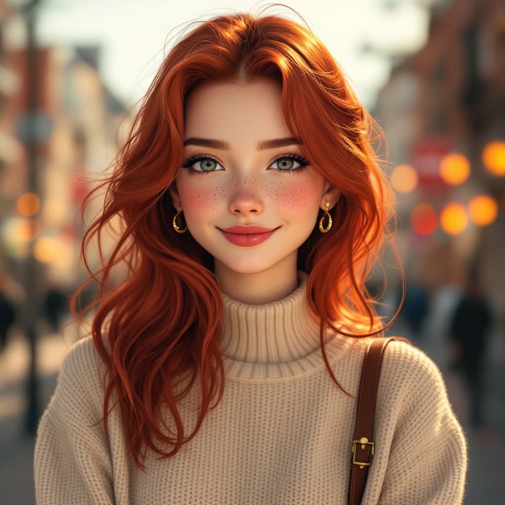 AI generated: High resolution Red haired woman, Big ass, Big tits, beige sweater, freckles, smile, tall woman, Bea...