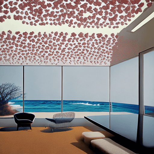 AI generated: ocean of hearts, daylight, indirect lighting, AD magazine, Frank Lloyd, Eames, Mies van der Rohe