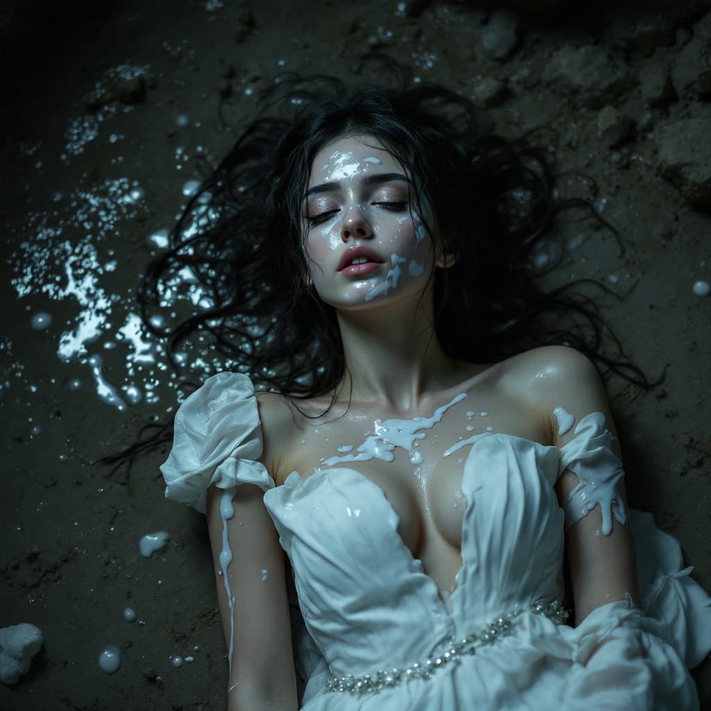 AI generated: realistic photo of a young woman with wedding dress, in the dark basement, lying on the dirty ground...