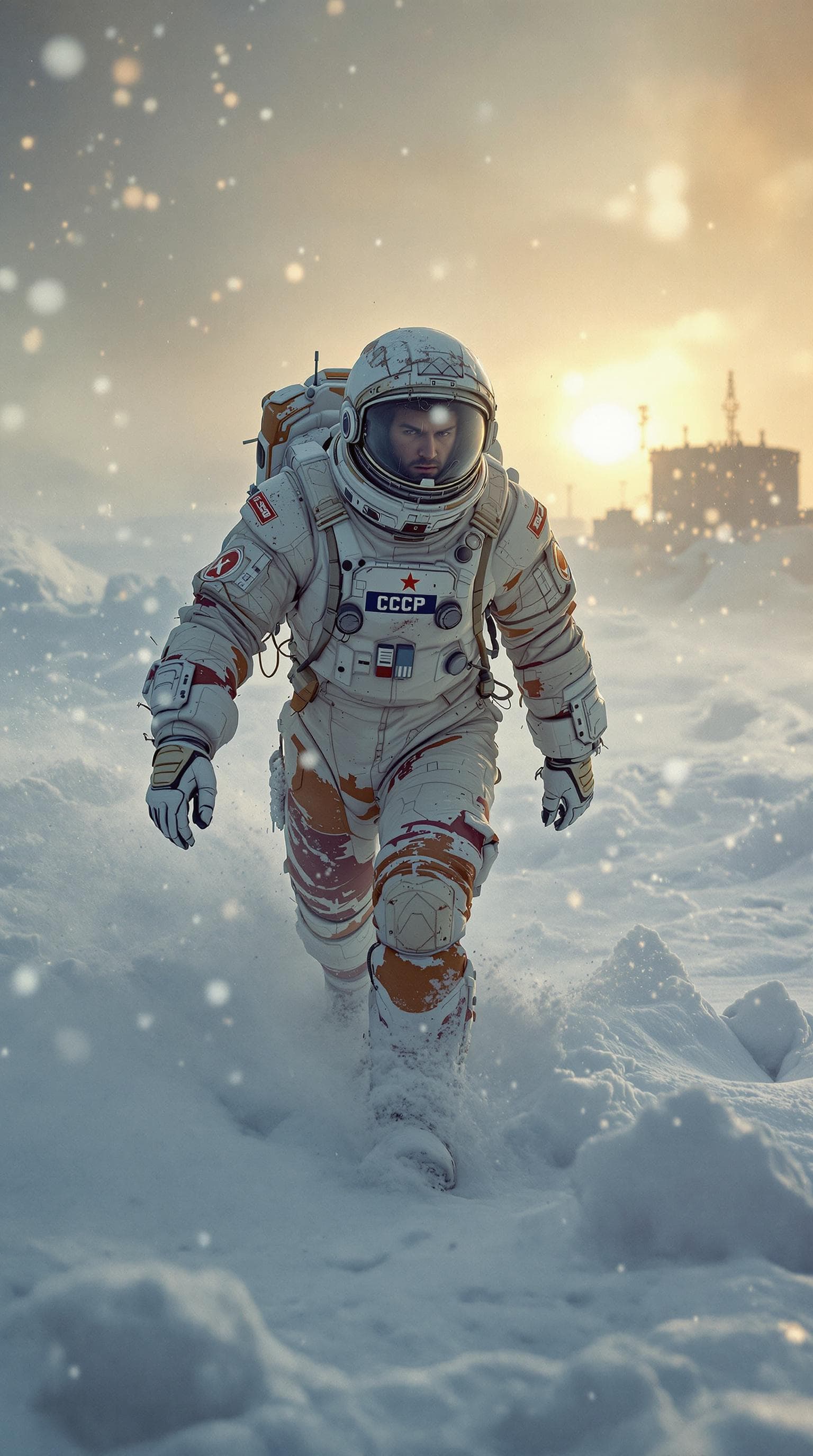AI generated: (A hyper-realistic, cinematic photograph in the style of 1970s Soviet sci-fi:1.3), depicting a lone ...