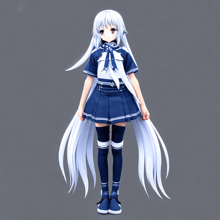 AI generated: anatomically correct, full body t-pose view of anime style wolf girl with dark Chambray blue and whi...