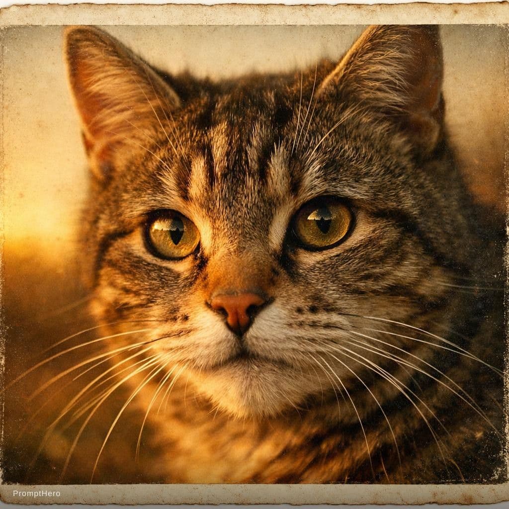 AI generated:  a cat, photograph, vintage photograph, close-up, (close up), sunset lighting, sharp focus quality, ...