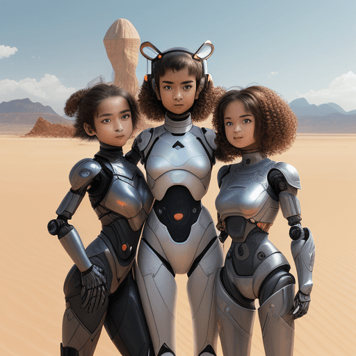 AI generated: an illustration of a Create image of a dynamic angle view shot, at the desert, Three Malay girls, 17...