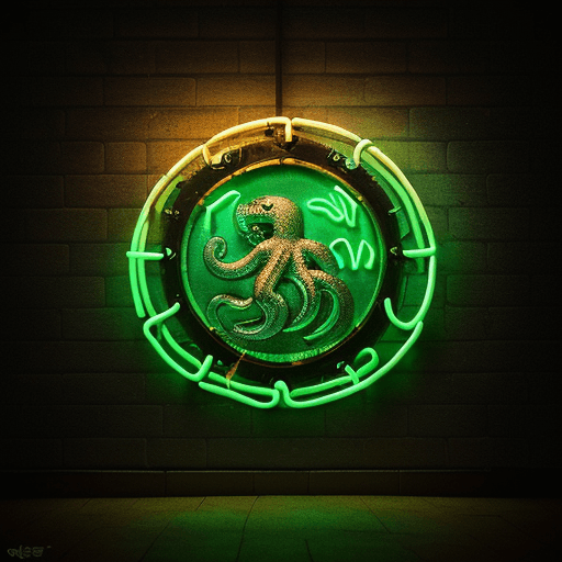 AI generated: "neon images of a neon lit sign with the text 'KRAKEN' and a neon lit KRAKEN-LEVIATHON symbol with a...
