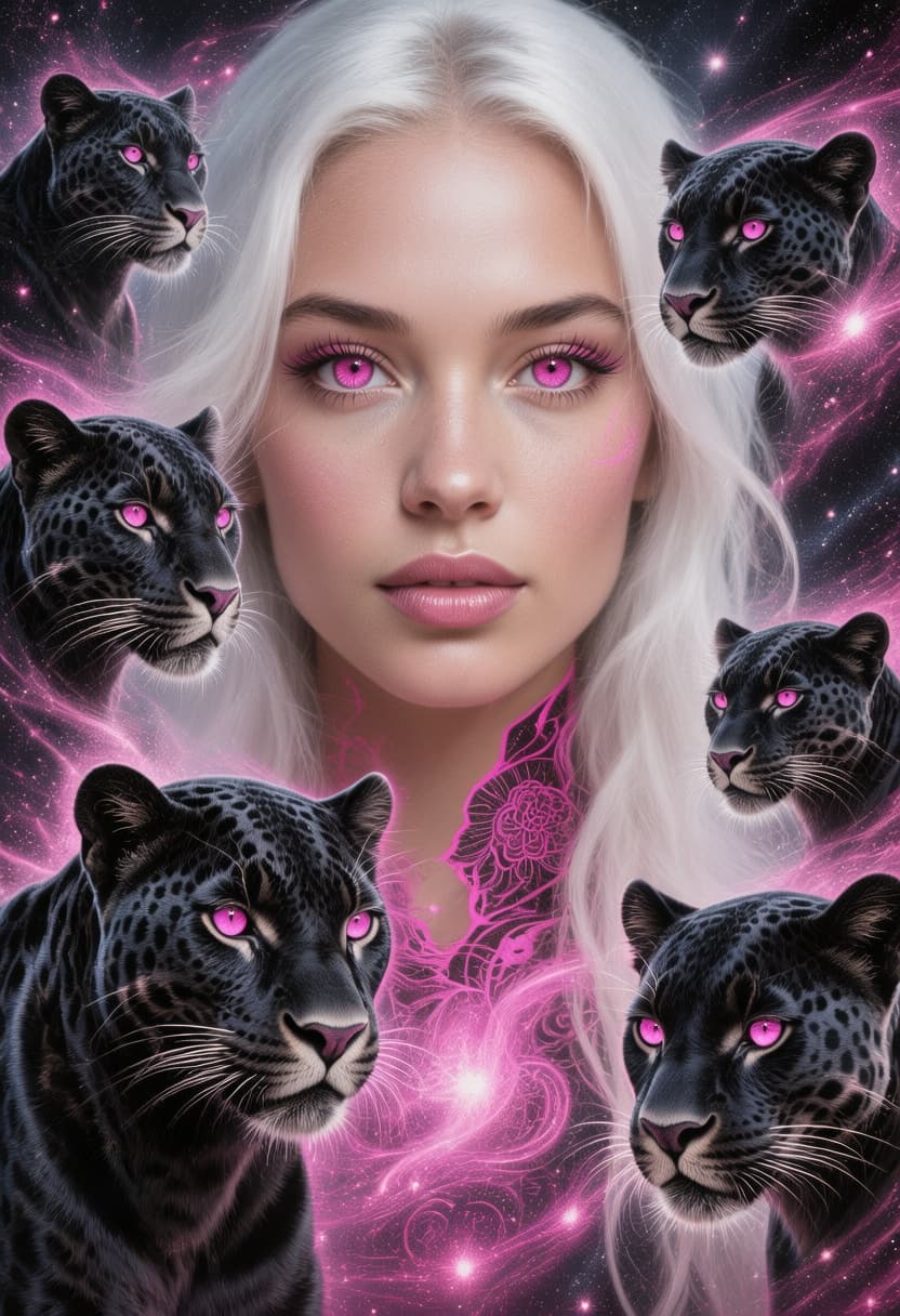 AI generated: a striking portrait of a woman, white long platinum hair, her eyes are vivid pink, full lips, long e...