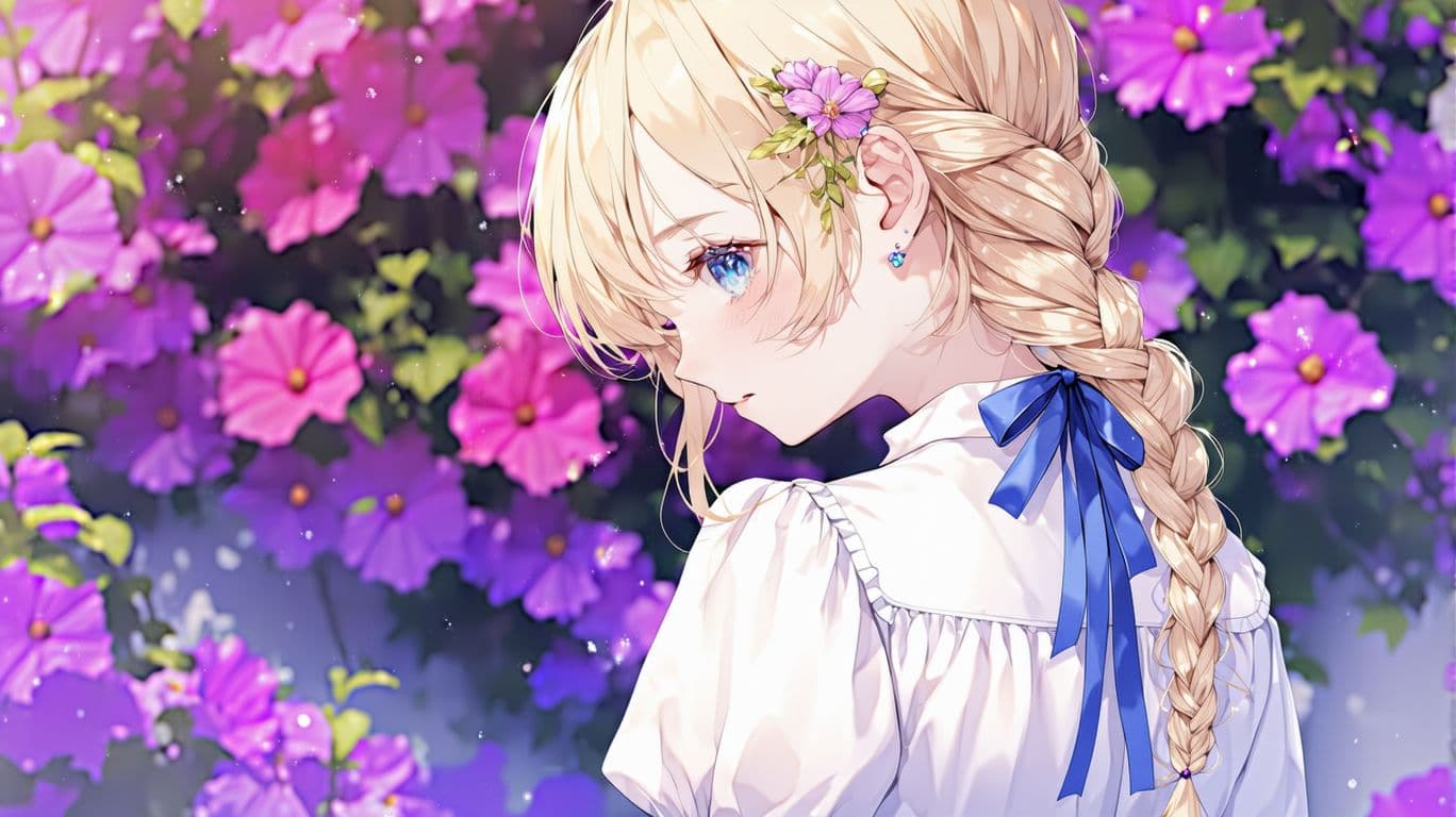 AI generated: The image is an illustration of a young ((back)) girl with blonde hair and blue eyes. She is wearing...